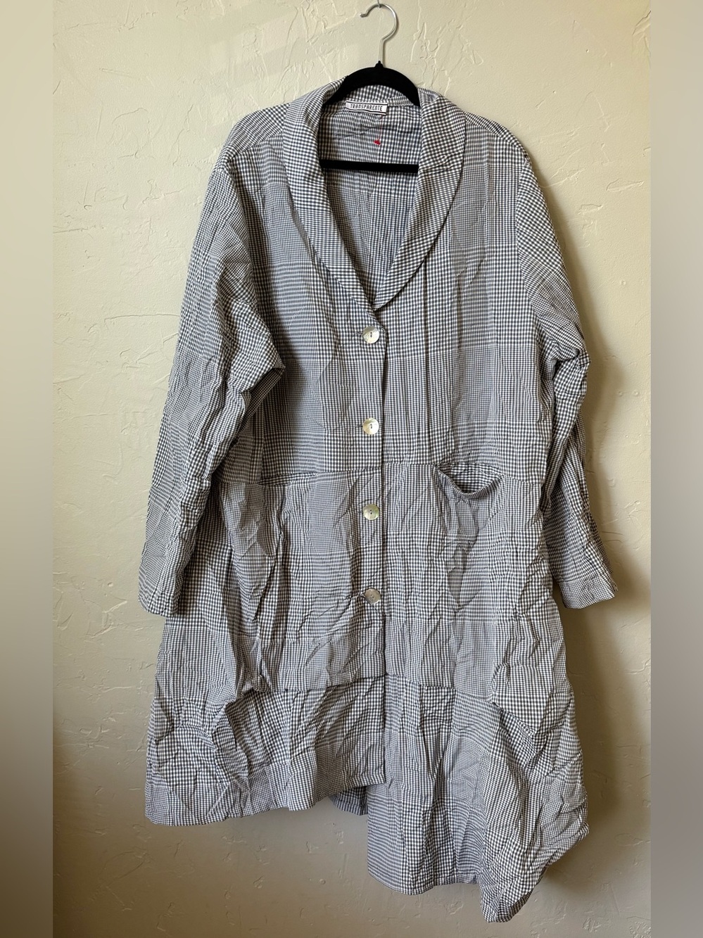 TRANSPARENTE Crinkle Duster Jacket Blue Gingham- Hi-low Hem- Pockets- One Size